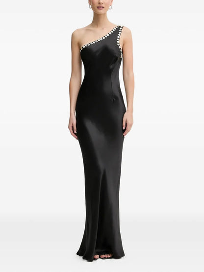 Glamorous Black Satin One-Shoulder Crystal-Embellished Prom Dress