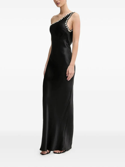 Glamorous Black Satin One-Shoulder Crystal-Embellished Prom Dress