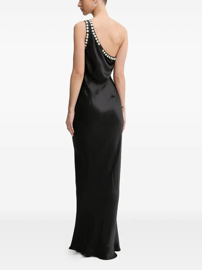 Glamorous Black Satin One-Shoulder Crystal-Embellished Prom Dress