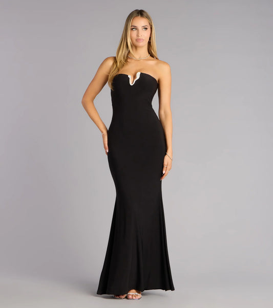 Glamorous Black Strapless Sweetheart Rhinestone Cutout Open-Back Mermaid Prom Dress