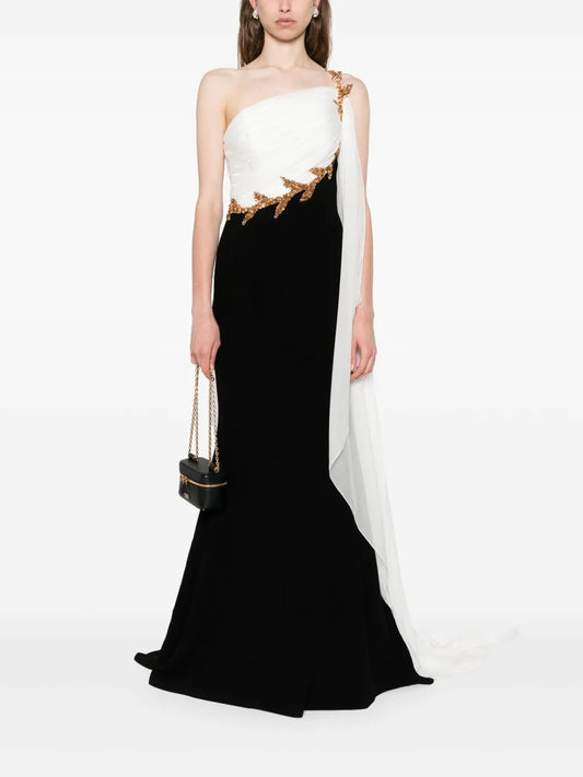 Glamorous Black & White One-Shoulder Gold Embellished Prom Dress