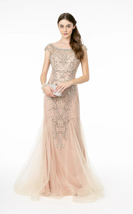 Glamorous Blush Pink Beaded Lace Illusion Back Mermaid Prom Dress