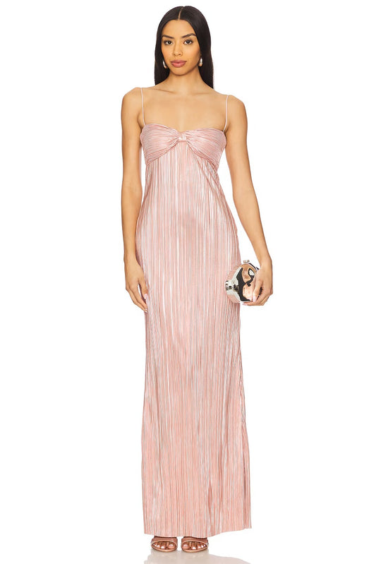 Glamorous Blush Pink Metallic Plisse Spaghetti Strap Maxi Gown: Evening Dresses