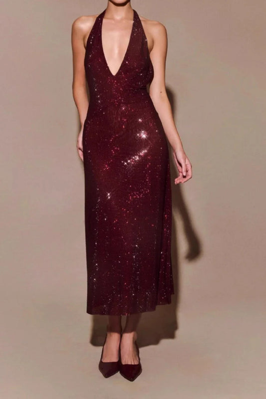 Glamorous Burgundy Sequin Halter Midi Gown with Low Open Back: Prom Dress