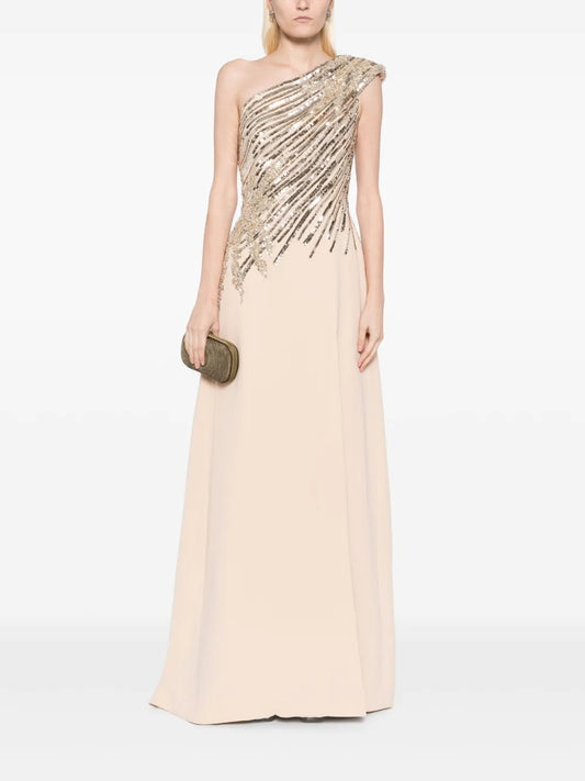 Glamorous Champagne One-Shoulder Sequin-Embellished Prom Dress
