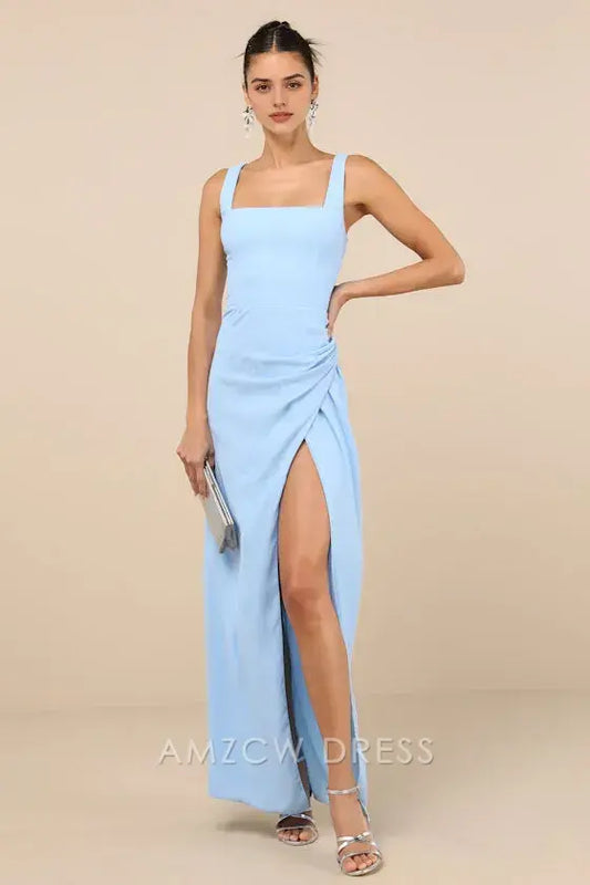 Vestido largo fruncido azul claro elegante y glamoroso de Amzcw. Vestidos formales. 