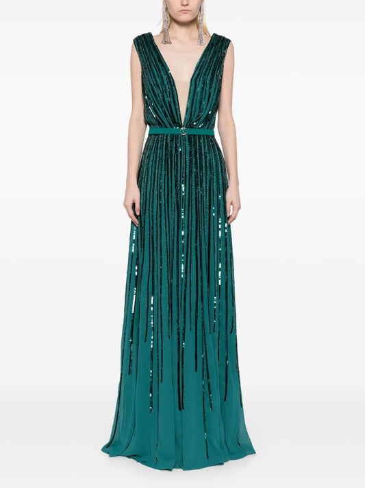 Glamorous Emerald Green Sequin-Striped Plunge V-Neck Prom Dress