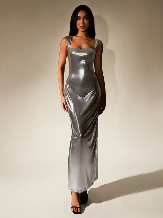 Glamorous Fitted Two-Piece Square Neck Shiny Midi-Length Prom Dresses