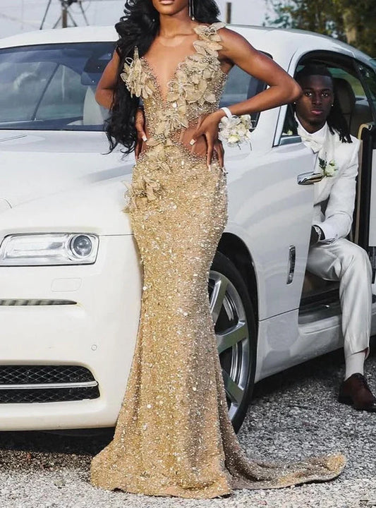 Glamorous Gold Sequin Mermaid V-Neck 3D-Floral-Appliqué Cutout-Waist Floor-Length Prom Gown