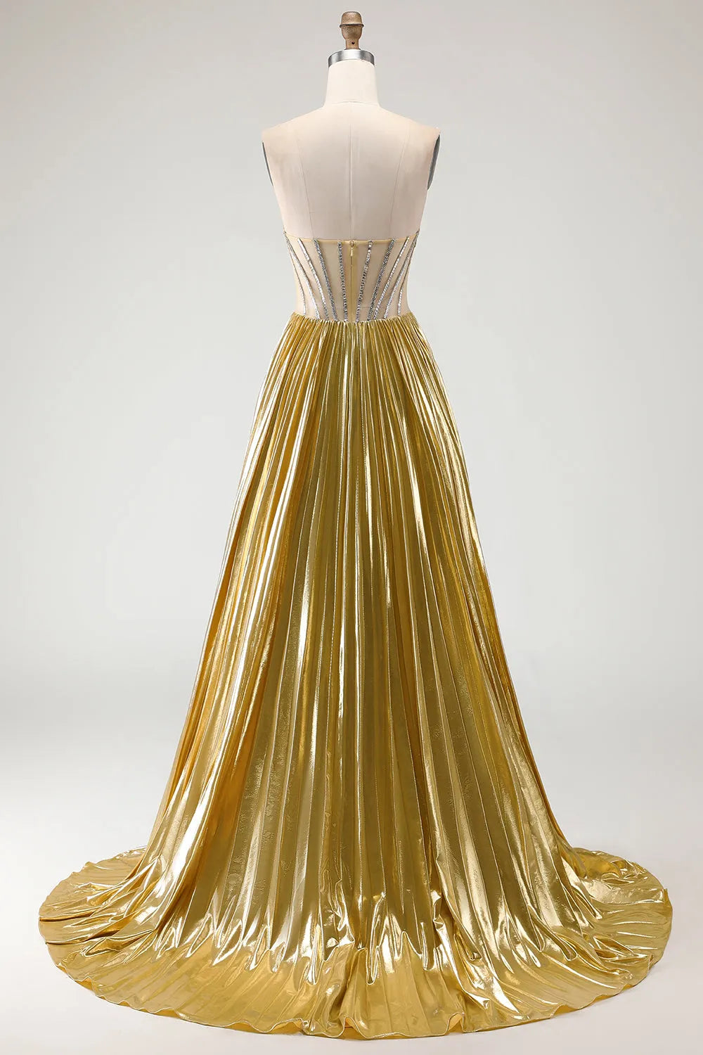 Glamorous Golden  Ballgown Strapless Beaded Sleeve Zipper Back Long Prom Dresses with Slit