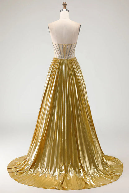 Glamorous Golden  Ballgown Strapless Beaded Sleeve Zipper Back Long Prom Dresses with Slit