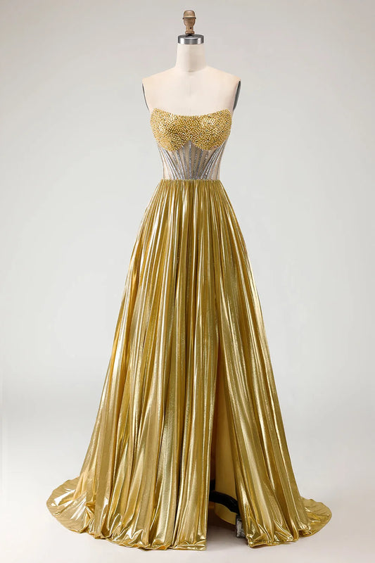 Glamorous Golden  Ballgown Strapless Beaded Sleeve Zipper Back Long Prom Dresses with Slit