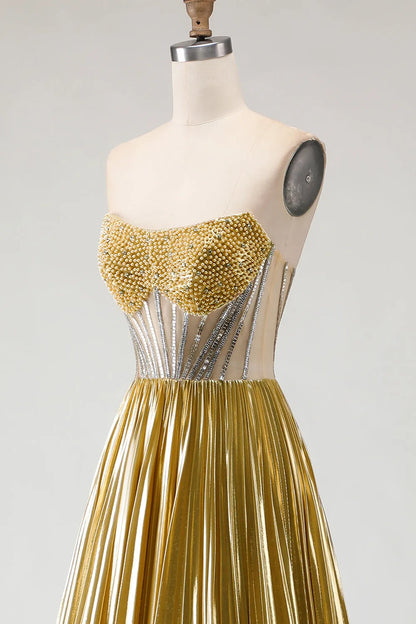 Glamorous Golden  Ballgown Strapless Beaded Sleeve Zipper Back Long Prom Dresses with Slit