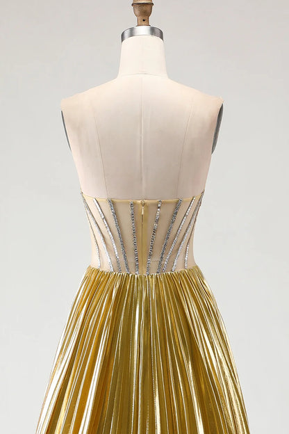 Glamorous Golden  Ballgown Strapless Beaded Sleeve Zipper Back Long Prom Dresses with Slit