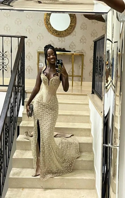 Glamorous Halter Neck Deep V Beaded Pearl Embellished Mermaid Prom Dress with High Slit and Train
