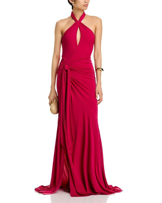 Glamorous Hot Pink Halter Neck Cutout Mermaid Prom Dress