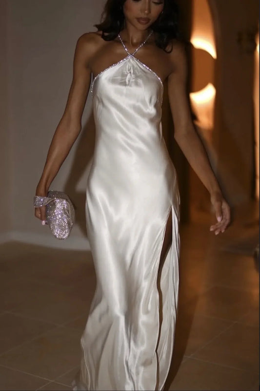 Glamorous Ivory Satin Halter Gown with Crystal-Embellished Straps and Open Back: Prom Dress