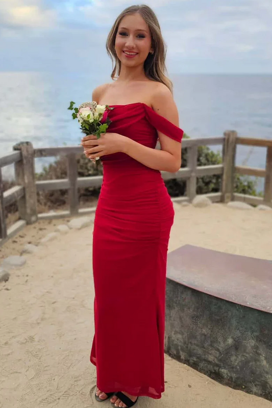 Glamorous Off-the-Shoulder Ruched Bodice Mermaid Hem Chiffon Prom Dress with Ankle-Length Skirt
