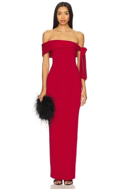 Glamorous Red Off-Shoulder Maxi Gown with Side Bow Detail: Evening Dresses