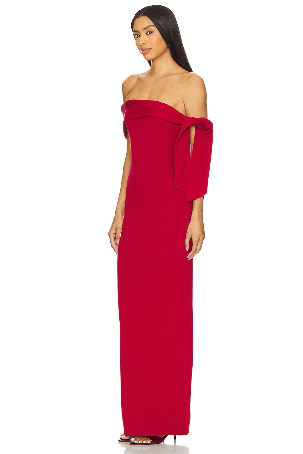 Glamorous Red Off-Shoulder Maxi Gown with Side Bow Detail: Evening Dresses