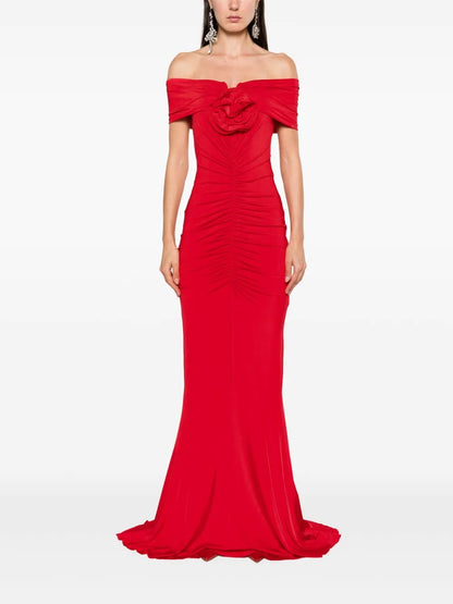 Glamorous Red Off-the-Shoulder Rosette Ruched Prom Dress