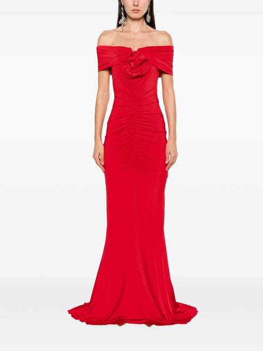 Glamorous Red Off-the-Shoulder Rosette Ruched Prom Dress