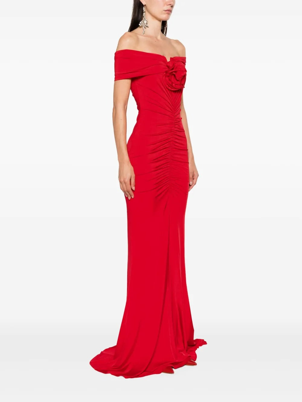 Glamorous Red Off-the-Shoulder Rosette Ruched Prom Dress