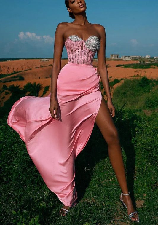 Glamorous Satin Mermaid Sweetheart Strapless Crystal-Lace Corset-Bodice High-Slit Floor-Length Evening Gown
