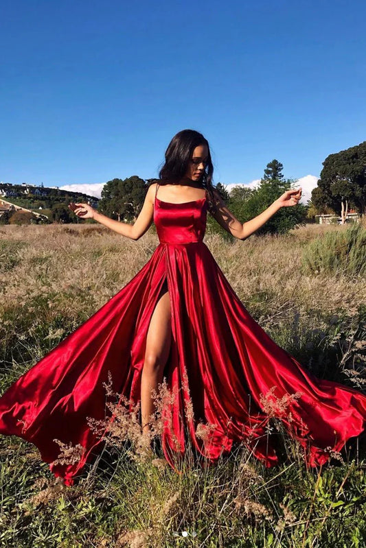 Glamorous Satin Square-neck Cross-back High-slit Floor-length Prom Dress