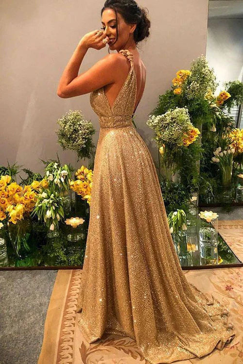 Glamorous Sequin A-Line V-Neck Sleeveless Open-Back Floor-Length Evening Gown