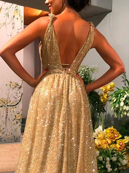 Glamorous Sequin A-Line V-Neck Sleeveless Open-Back Floor-Length Evening Gown