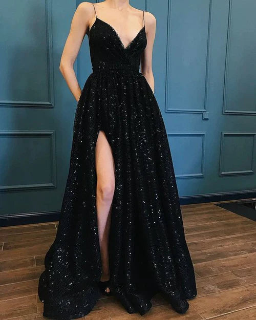 Glamorous Sequin A-Line V-Neck Spaghetti-Strap Open-Back High-Slit Floor-Length Evening Gown
