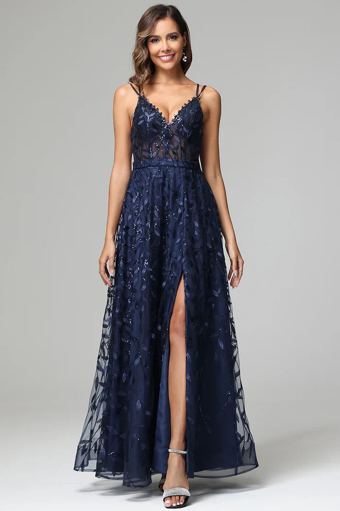 Glamorous Sequin Leaf A-Line V-Neck Spaghetti-Strap Open-Back Floor-Length Prom Dress for Women