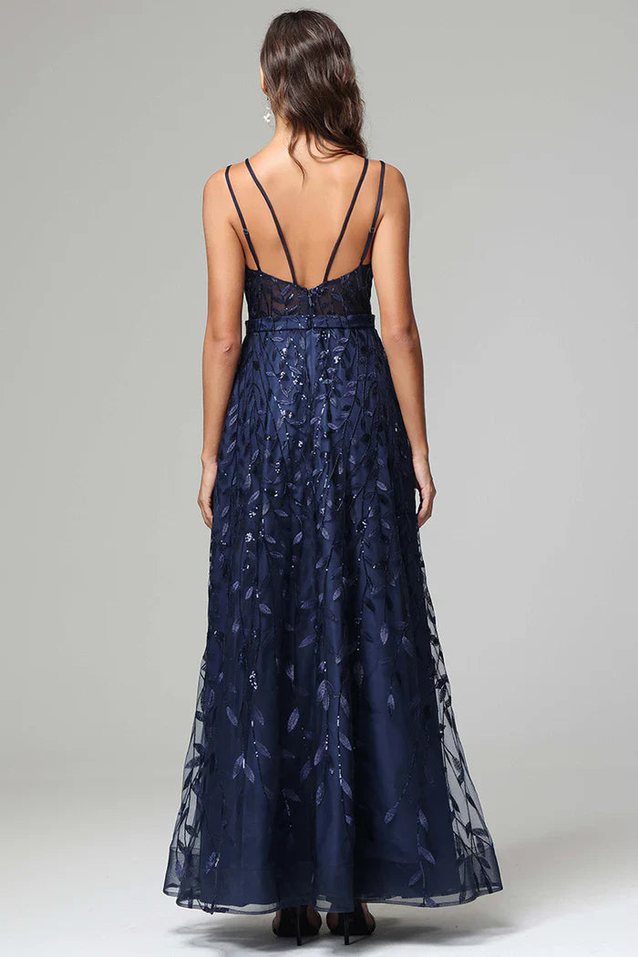 Glamorous Sequin Leaf A-Line V-Neck Spaghetti-Strap Open-Back Floor-Length Prom Dress for Women