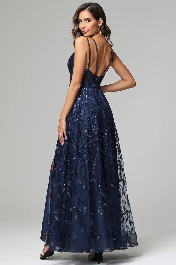 Glamorous Sequin Leaf A-Line V-Neck Spaghetti-Strap Open-Back Floor-Length Prom Dress for Women