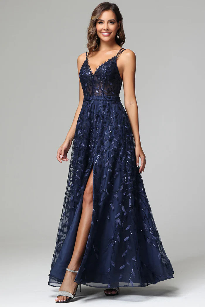 Glamorous Sequin Leaf A-Line V-Neck Spaghetti-Strap Open-Back Floor-Length Prom Dress for Women