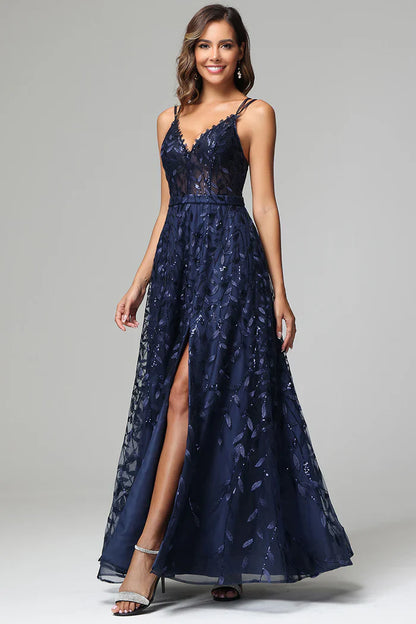 Glamorous Sequin Leaf A-Line V-Neck Spaghetti-Strap Open-Back Floor-Length Prom Dress for Women