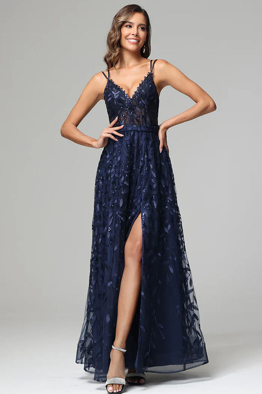 Glamorous Sequin Leaf A-Line V-Neck Spaghetti-Strap Open-Back Floor-Length Prom Dress for Women
