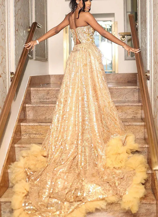 Glamorous Sequin Mermaid Sweetheart Strapless High-Slit Ruffled-Train Floor-Length Prom Gown