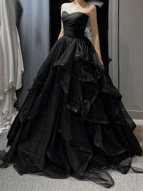 Glamorous Sequin Sweetheart Strapless Lace-up-back Ruffled Floor-length Prom Dress