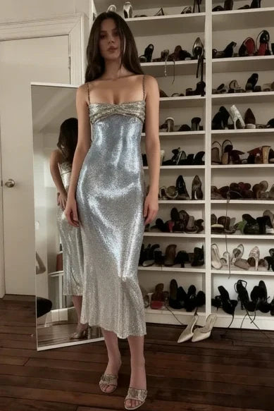 Glamorous Silver Metallic Midi Gown with Crystal-Embellished Bodice: Prom Dress