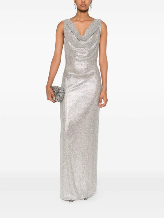 Glamorous Silver Sequin Cowl-Neck Open-Back Evening Dress