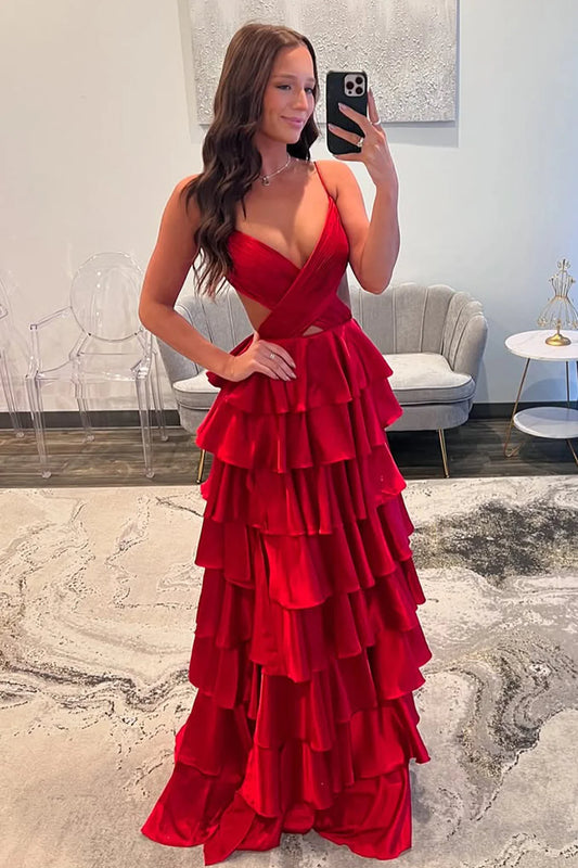 Glamorous Spaghetti Strap Cutout Tiered Ruffled Satin Prom Dress with Open Back and Sweep Train