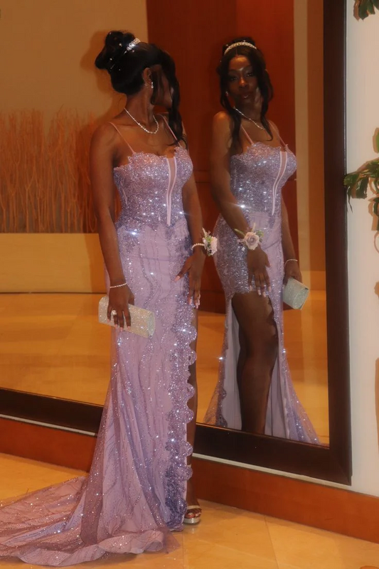Glamorous Spaghetti Strap Sweetheart Neck Glitter Ruffle Mermaid Prom Dress with High Slit and Train