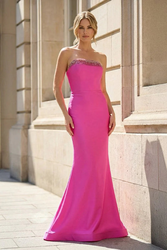 Glamorous Strapless Beaded Neckline Lace-Up Back Stretch Crepe Mermaid Maxi Prom Dress with Trailing Train