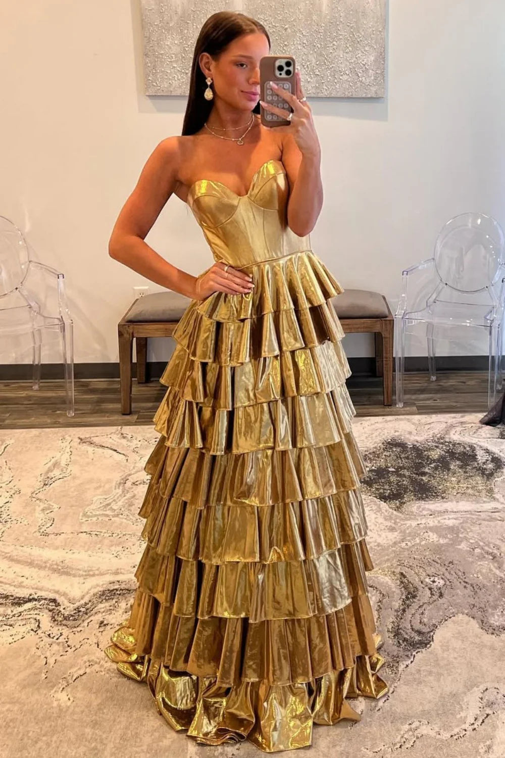 Glamorous Strapless Metallic Gold Tiered Ruffled Prom Dress with Sweep Train