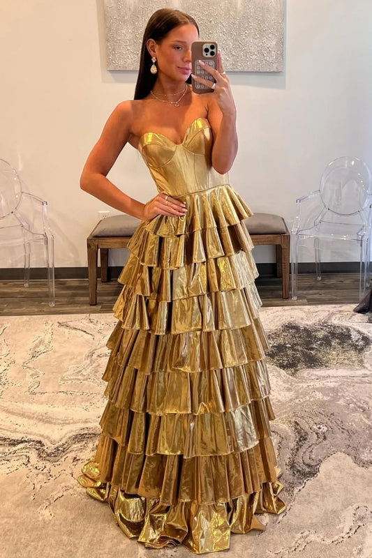 Glamorous Strapless Metallic Gold Tiered Ruffled Prom Dress with Sweep Train