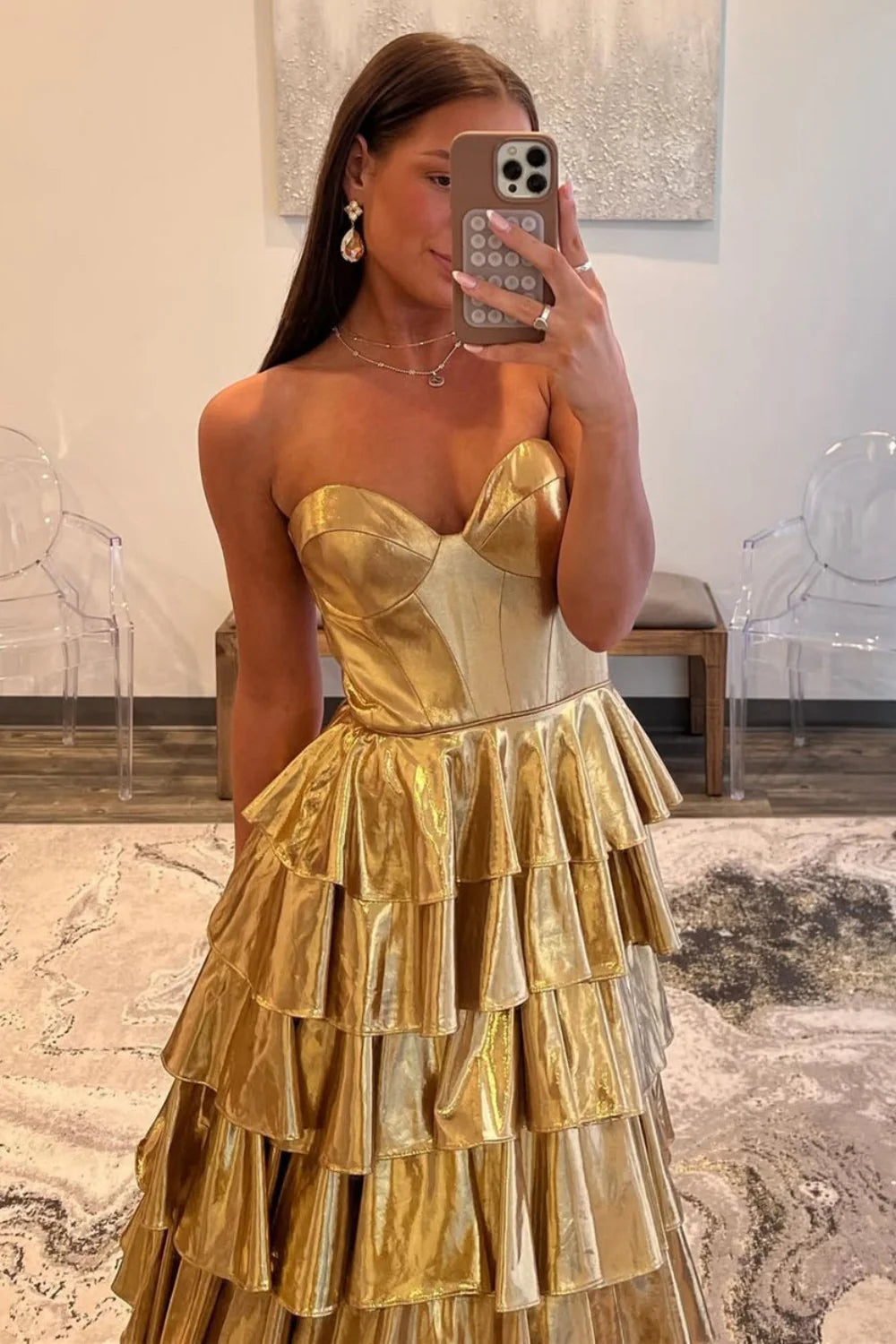 Glamorous Strapless Metallic Gold Tiered Ruffled Prom Dress with Sweep Train