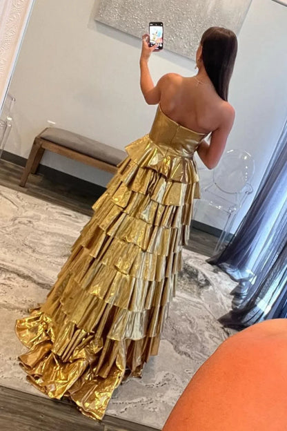 Glamorous Strapless Metallic Gold Tiered Ruffled Prom Dress with Sweep Train