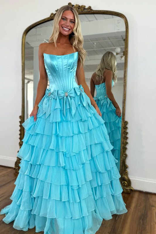 Glamorous Strapless Square Neck Corset Bodice Bow Embellished Tiered Ruffled Chiffon Prom Dress with High Slit